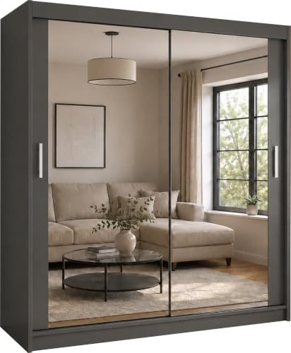Samsun Modern Double Sliding Mirror Door Wardrobe Bedroom with Adjustable Hanging Rails, Shelves Storage Cupboard For Home Furniture (Grey, 180cm)