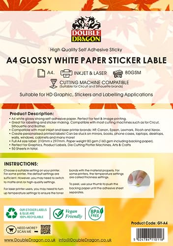 Double Dragon A4 Glossy White Printable Sticker Paper Label - 50 Sheets, Self-Adhesive for Laser Printer - 1 Label Per Sheet, Sticky Back Address and Shipping Labels