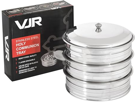 VJR Edelstahl-Kommuniontablett-Set mit Deckel – Pack 3, Fasst 120 Lebensmittelechte Becher | Langlebiges, Poliertes Kirchen-Serviergeschirr für Gottesdienste