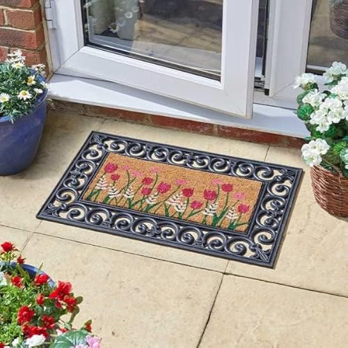 Garden Mile Bloom Flower Coir Door Mat 23 x 53cm Natural Coconut Fibre Welcome Mat with Non Slip Backing Heavy Duty Outdoor Door Mat - Entrance Doormat for Home, Caravan & Motorhome