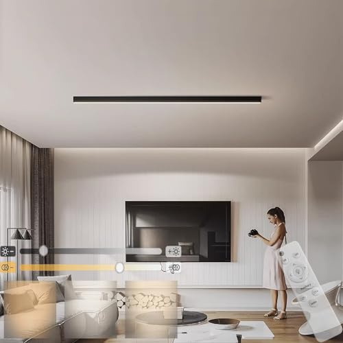 GZZBMY Modern Dimmbar LED Deckenleuchte Panel mit Fernbedienung Wohnzimmerlampe Lang Bürolampe Decke Super Deckenpanel Lampe Starker Leuchtkraft Licht für Küche Schlafzimmer 200CM (Schwarz,50CM)