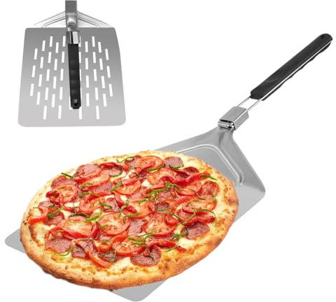 PRITOK Stainless Steel Pizza Peel: 24 x 25 cm(9.5 in) Perforated Pizza Spatula with Folding Handle, Large Surface Pizza Paddle, Premium Quality Pizza Shovel for Homemade Baking Pizza, Cake, Bread