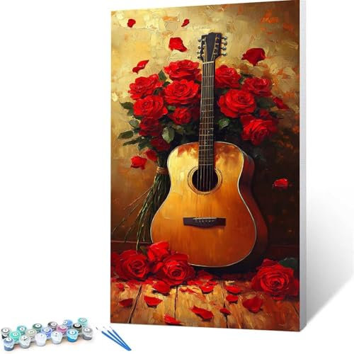 Malen Nach Zahlen Erwachsene Kinder Gitarre, 70 x 140 cm Groß Paint by Numbers mit Leinwand Pinseln Acrylpigment, DIY Handgemalt Gemälde Kit für Jungen Mädchen ab 6 Jahre und Zimmer Deko Blume 3/0-C