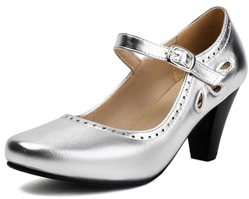 elerhythm dam Mary Jane Teardrop urringning klassisk och retro 1920-talet pump klackar 1950-talet vintage rund stängd tå 1940-talet ankelrem klänning skor, silver, 38 EU