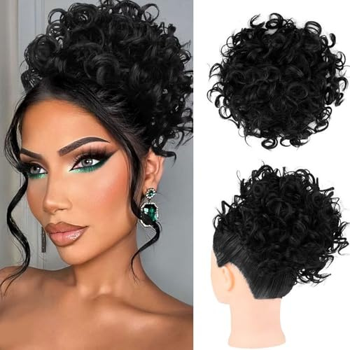 GWAWG boule désordonné court cordon bouclé queue de cheval extension boule de cheveux lâches pièces de cheveux pour les femmes à haute température synthétique boule de cheveux extension 60g noir