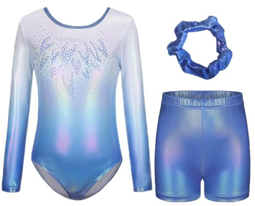 Boteria Dreiteilige Gymnastikanzug Mädchen Turnanzug Leotard Turnshorts und Haarband Set, Langarm Ballettröckchen Kleid Trikotanzug Gymnastik Outfit Set für 5-12 Jahre