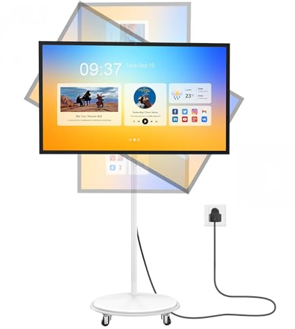 QIXZOCV MWE 43 Inch Portable TV on Wheels, Large Screen Rolling TV, Smart Display with Adjustable Stand, Android OS, USB/HDMI/Type-C Port, All-in-One Entertainment Center