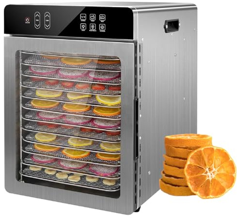XEEAOFE Déshydrateur Alimentaire Numérique – 12 Plateaux en Acier Inoxydable, Circulation d'air 360°, Pré-réglages One-Touch, Température Réglable 86–194°F, Minuterie, Porte en Verre, 800W 220V