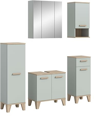 xonox.home – 5-TLG. Badkombination Star 158x190x34 cm in Hellgrün und Eiche hell Nachbildung – Großes Badezimmer-Möbelset – Komplett-Lösung für das Moderne Bad