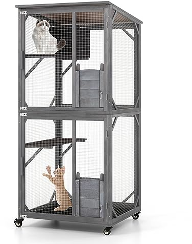 FANTASK Katzenhaus, Katzenhaus aus Holz mit Asphaltdach & Rollen, wetterfestes Katzengehege mit Eingangstür, 2 Plattformen & Ruhehöhle, ideal für Außenbereich im Winter, 182cm, Grau