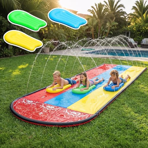 Kouamor Wasser Rutschbahn – 5M Lange Wasserrutsche mit Sprühdüsen & 2 Surfbrett – Wasserrutsche Garten für Kinder & Erwachsene – Slip and Slide – Outdoor Sommer Party Zubehör (DREI)