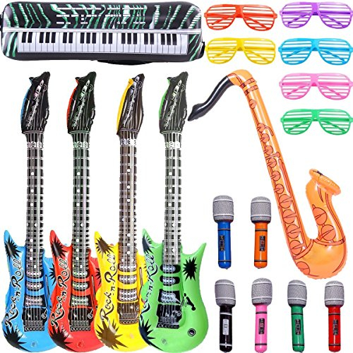 GuassLee Gonfiabile Rock Star Toy Set - Puntelli gonfiabili da 18 Pezzi - 4 Chitarre gonfiabili, 6 microfoni, 6 vetri oscuranti, 1 Sassofono e 1 Gonfiabile Tastiera Pianoforte Giocattoli gonfiabili