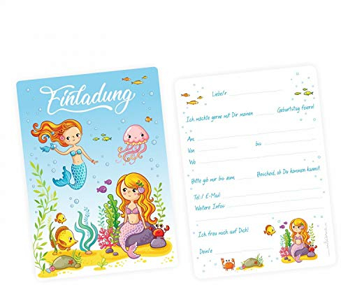 nikima Schönes für Kinder 10 Einladungskarten Meerjungfrauen mit Glitzer inkl. 10 Transparenten Briefumschlägen Kindergeburtstag Mädchen Einladung