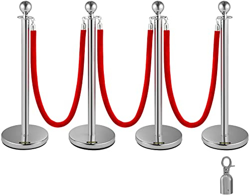 FlowerW Set of 4 Silver Round Top Queue Barrier Posts Stands Security Stanchion Rope Divider with 1.5M Red 3 Velvet Rope
