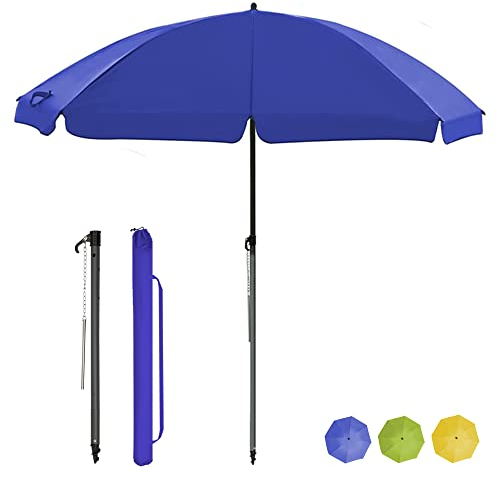 BelleMax Sonnenschirm Strand Windfest Stabil mit Bodenhülse & Schutzhülle 30° knickbar Sonnenschirm klein Rund Strandschirm Gartenschirm Marktschirm Sonnenschutz UV50+ Blau 180 cm