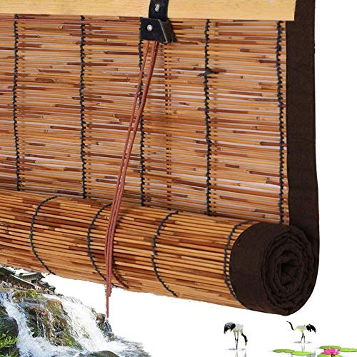 Bambusrollos für Aussen,Bambus Fensterrollo,Raffrollo Atmungsaktiv,Wasserdicht Schilfvorhang Rollo,Faltrollo Schnurzugrollo Vorhang Wandmontage,für Gärten,Terrassen,Braune Kante (120x220cm/47x87in)