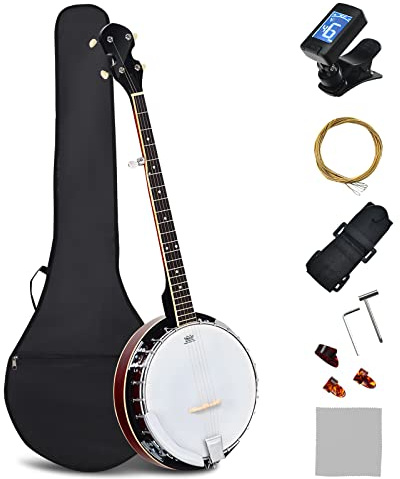 Maxmass 5 String Concert Banjo, 39 Inch Banjos Kit with Remo Head, Digital Tuner and Carrying Bag, Open-back & Resonator Banjo for Professional Beginners