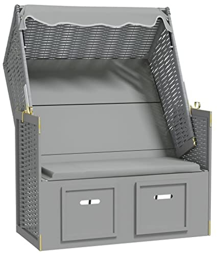 vidaXL Strandkorb mit Dach Gartenliege Volllieger Sonneninsel Sonnenliege Strandliege Zweisitzer Liege Strand Poly Rattan Massivholz Grau