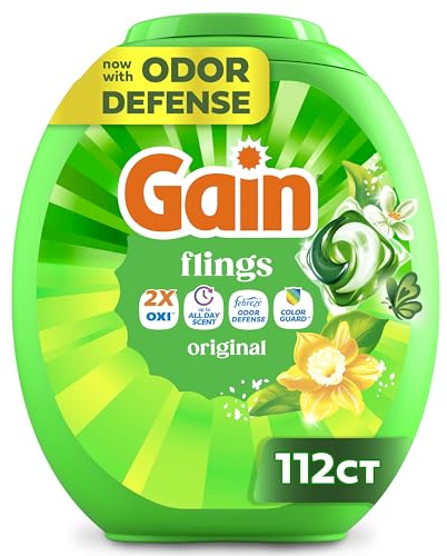 Gain Flings Liquid Washing Detergent Pods, Now with Odor Defense + Color Guard, Original Scent, 4-In-1 Liquid Laundry Detergent Pacs, Clean & Fresh, 112 Count (Packaging May Vary)