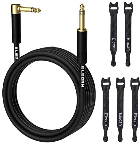 Elecan 1/4 Inch TRS Instrument Cable 50 Ft- Right Angle to Straight 6.35mm Male Jack Stereo Audio Interconnect Cord- Gold Plated- 90 Degree 6.35 mm Balanced Line for Electric Guitar Bass+ 5 Ties
