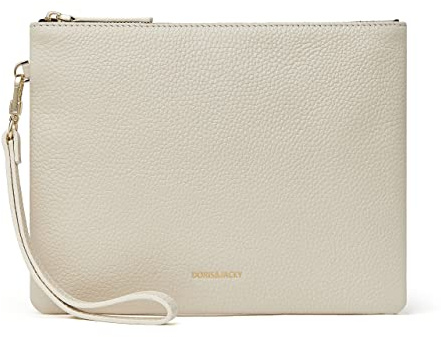 DORIS&JACKY Leather Wristlet Clutch Purse for Women Large Slim Phone Pouch Bag With Detachable Strap (Off White)
