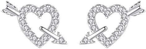 Damen Ohrstecker Herz, Damen Ohrringe Silber Amors Pfeil und Hohl Sterling Silber Runde Form Zirkonia Ohr Tragus Schmuck 8X13mm