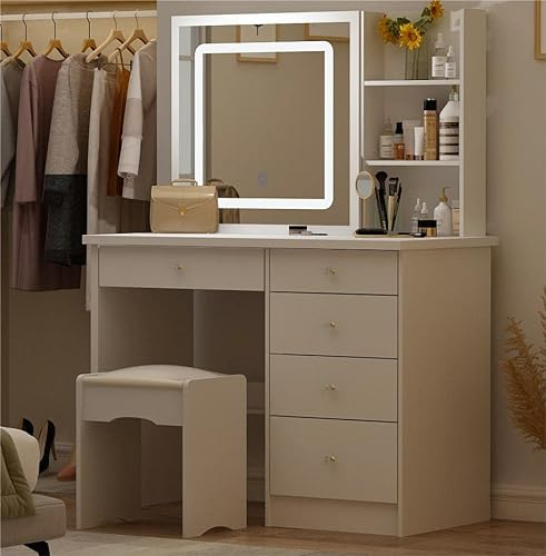 DEZAGCE Schminktisch, Kosmetiktisch mit 3 Farben LED-Licht und Spiegel, Spiegelleuchte Spiegel, 5 Schubladen, Schminktische, Eitelkeit Tisch, Frisiertisch mit Hocker, Großer Stauraum, weiß