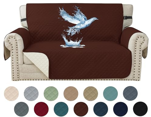 YSTELLAA 100% Wasserdicht Sofa Überzug 2 Sitzer, Couch Bezug Rutschfes, Waschbar Couchüberzug, Sofabezug Mit Armlehnen, Universal Sofa Covers Für Katze Hund, Mit Gummiband, Kaffee