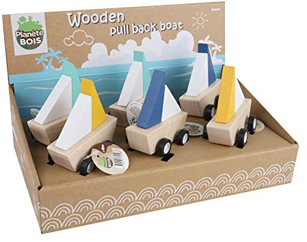 PLANÈTE Bois - Pack mit 9 Segelbooten mit Rückstoßreibung - FSC - 030198PA - 9 Stück - Mehrfarbig - Holz - Kinderspiel - Freizeit - Kirmes - 8 cm x 5 cm - Ab 18 Monaten