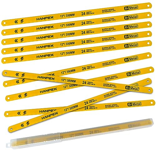 Hanpex 300mm Hacksaw Replacement Blades (10 Pack) High Speed 24 TPI - 12 Length Hack Saw Blade - Bi-Metal HSS Cutting Blades