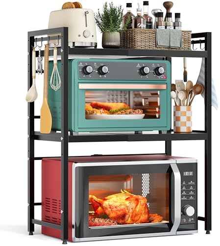 NETEL 3 Tier Expandable Microwave Shelf, Metal Microwave stand Countertop | Over Microwave Shelf Unit with 8 Hooks, Adjustable Height Microwave Rack, Kitchen Shelves, airfryer stand 25 kg max load/Tier