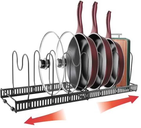 Mezzar Rangement Poele Casserole, Organisateur de Poêles à Frire Réglables, Porte-Casseroles à 7 Compartiments dans Cuisine Placard Tiroir pour Poêles Casseroles Couvercles Assiettes- Noir