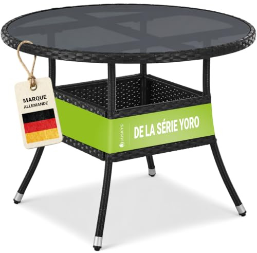 Juskys Table de Jardin Yoro en polyrotin résistant aux intempéries - Table de Balcon Ronde Ø 80 cm - Table d'appoint en rotin à Plateau en Verre - Petite Table pour Balcon, Jardin & terrasse - Noir