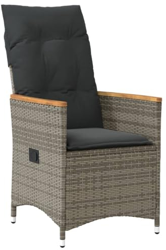 vidaXL Gartensessel Verstellbar mit Kissen, Gartenstuhl mit Stahlrahmen, Loungesessel für Außenbereich, Relaxsessel, Grau Poly Rattan