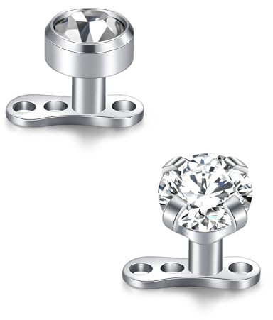 WillTen 2Pcs Dermal Anchor Aufsatz and Base Microdermals, Dermal Anchor Piercing 316L Chirurgenstahl mit Stein Aufsatz Silber