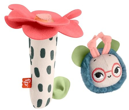 Fisher-Price Baby Toys Planet Friends Shake ‘n Rattle Busy Bee Sensory Plush 2-Piece Set for Newborns Ages 3+ Months, HYR56