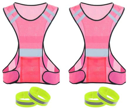 Kellegour 2 Stück Reflektierende Weste Set,Reflektierende Sicherheitsweste,Einstellbare Reflektoren,Warnweste Reflektierende,mit 4 Reflektorbander,Laufweste,für Laufen,Joggen,Wandern,Radfahren,Rosa