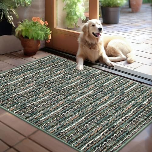 Biscpro Fußmatte 80x100cm Boho Teppich Schmutzfangmatte Innen Waschbar Rutschfester Fussmatte Eingangsmatte Carpet für Eingangsbereich,Haustür,Patio,Flur,Garten,Porch-Grün