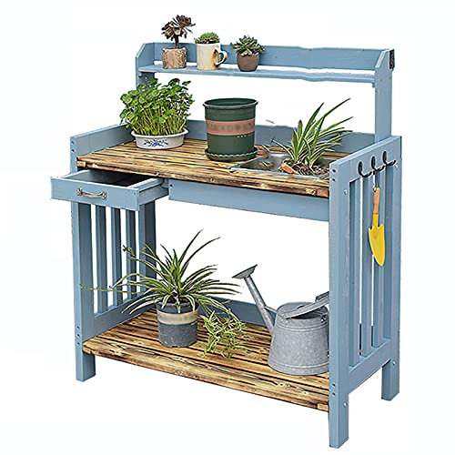 Panca da giardinaggio per esterni, banco da lavoro con contenitore, lavello in acciaio inox, cassetto e gancio per mensola, tavolo in legno per patio, giardino, cortile