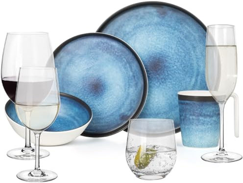 Vaisselle de camping en mélamine - Pour 4 personnes - Océan profond + 16 verres à timo - Verres à vin - Verres à champagne - Vaisselle de table pour pique-nique et barbecue
