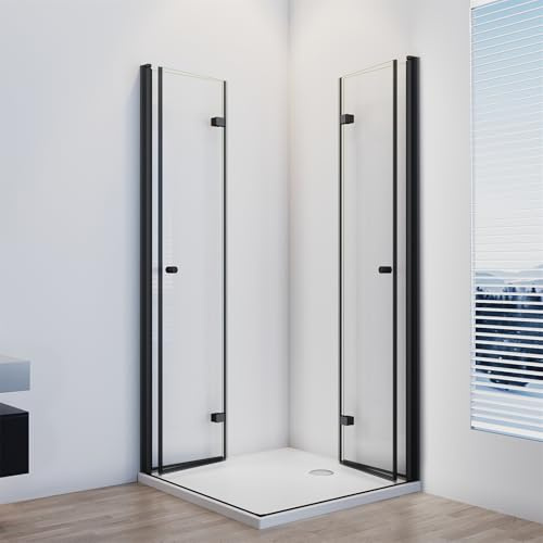 IMPTS Duschkabine Eckeinstieg Schwarz 90X90 cm Doppelt Falttür Falttürkabine Duschtür Faltbar Dusche Duschabtrennung 6mm ESG Glas, Höhe 185 cm