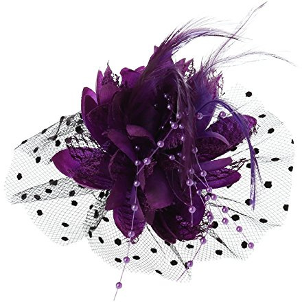 Frauen Braut Mesh Bogen Feder Perlen Hochzeit Fascinator Dot Schleier Haar Clip Brosche(Lila)