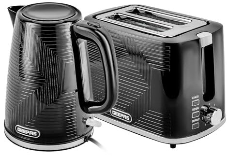Geepas 1.7L 3KW Cordless Electric Kettle, 900W 2 Slice Bread Toaster Combo Set | 360° Rotational Base Concealed Heating & Otter Control 7 Level Browning Control Crumb Tray Premium Design, Black | Opus