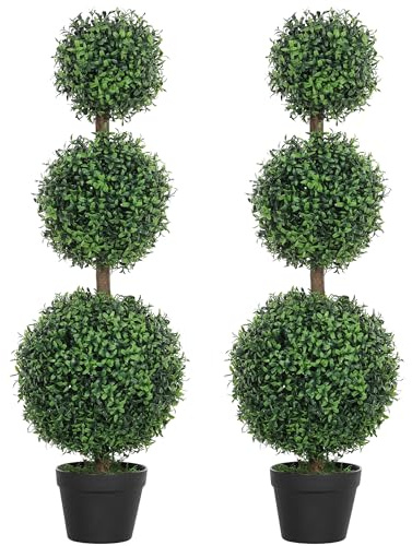 HOMCOM Artificial Plants Topiary Ball-Shaped Boxwood Trees in Pot Set of 2 Fake Plants for Home Indoor Outdoor Front Porch Decor, 40 Inch, Green