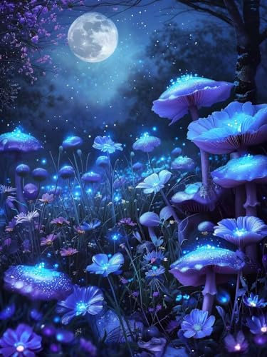 DIY Paint by Numbers Mushroom Moon Painting by Numbers for Adults Kids, Hobbies for Adults Women, with Paint Brushes Acrylic Pigment Drawing Paintwork, Home Wall Decor 60x45cm (Without Frame) w-3372