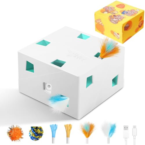 Migipaws 3-in-1 cat toy, automatic interactive 12-hole MigiBox, Capture mysterious mice beneath Pop-up Skin, DIY Carton Box toy for bored indoor cats, rechargeable