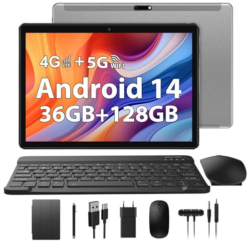 TIGERFU Tablette 10 Pouces Android 14, Dual SIM 4G LTE + 5G WiFi, Tablette PC avec 36Go RAM+128Go ROM, Octa-Core 2.0 GHz, BT5.0, 8000mAh, 8MP+5MP, Tablette 2 en 1 avec Clavier, Souris et Stylet - Gris