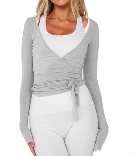 Women Wrap Tie Top Y2k Long SLeeve Ballet Workout Yoga Shirt Coquette Blouses (US, Alpha, Small, Regular, Regular, Grey)