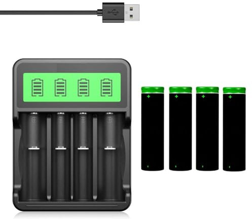 Universal USB Battery Charger, 4 Pieces 3500 mAh Batteries Ni-MH Flat Top, 4 Bay Fast Charge 2A USB Battery Chargers for LED Flashlight, Headlamp, Remote Control, RC Car and more