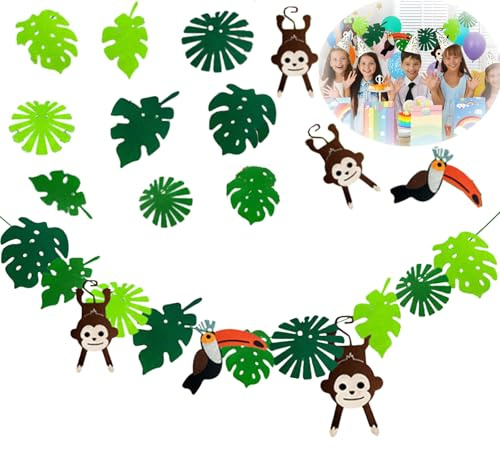 Dschungel Deko Geburtstag, Künstliche Blätter Deko, Grün Tropische Palmenblätter Bunting, Dschungel Party Deko Blätter Girlande, Felt Palmenblätter Deko für Hawaii-Party Gartenparty Geburtstag